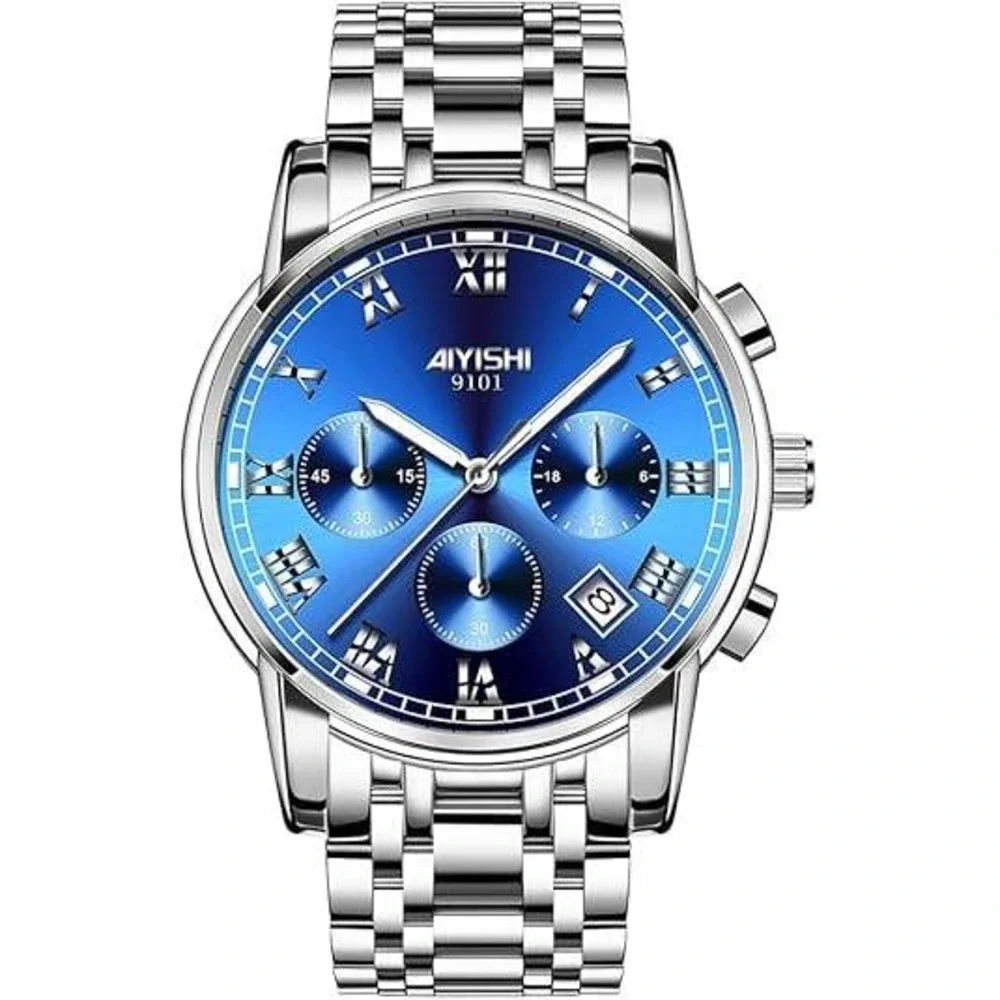 Dofia Xiaoya Aiyishi 9101‎ Men's Silver Stainless Steel Quartz Watch Blue Dial